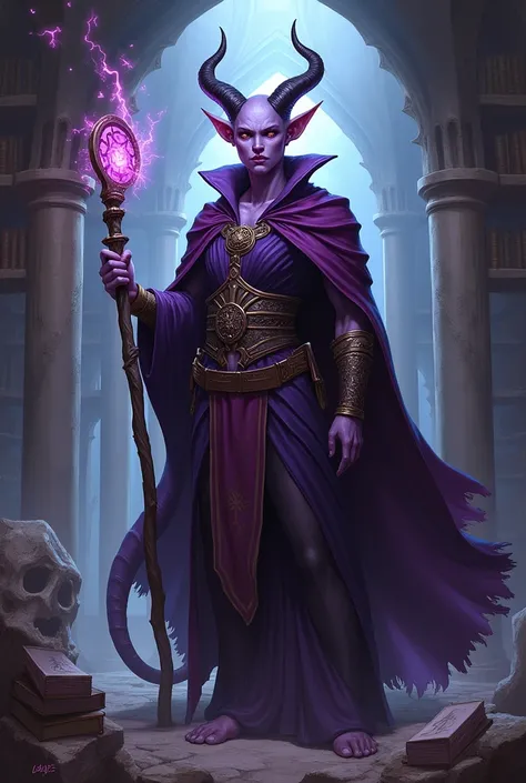 A Dungeons and Dragons Tiefling mage with slightly purple skin 