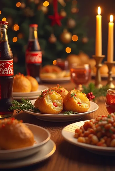 Christmas dinner table, stuffed potatoes (central product), coke, brown and orange contrast colors