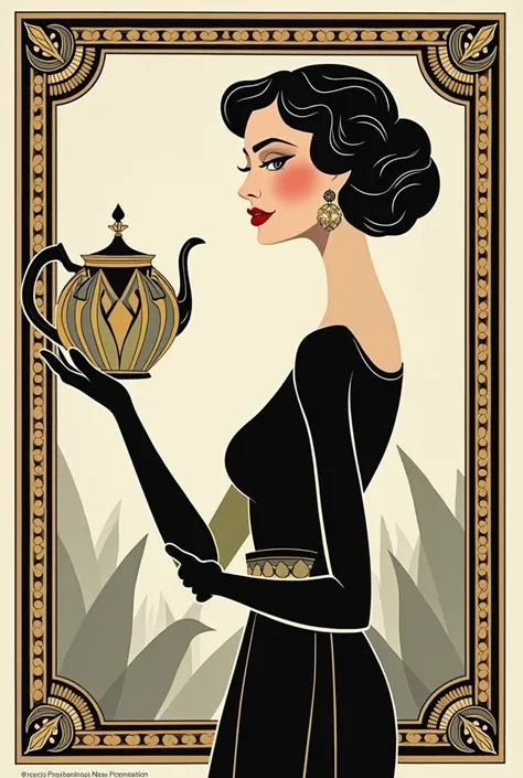 An Art Deco style advertisement poster featuring elegant tableware. A beautiful woman introduces an Art Deco-style teapot. Both her attire and jewelry are entirely in the Art Deco style, and ((Women are also abstracted. Cubist-like.：２.０)) The posters color...