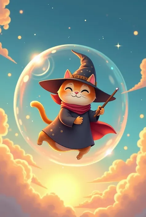 (masterpiece:1.2,Exceptional Quality,Mirror-like,, a cinematic experience , Best Illustration:2.0, super detailed),8k,wallpaper,(Magical bubbles),( animation with text:2.0),(Pixar Studios :2.0),(A cat wizard is flying in the sky inside a large Magical bubb...