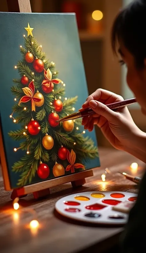  Realistic cinematic frame of a well-kept female hand ,  holding a brush that is giving the finishing touches to a painting of a Christmas tree decorated with red and gold spheres, ribbons and warm lights .  The painting shows typical details of a Paraguay...