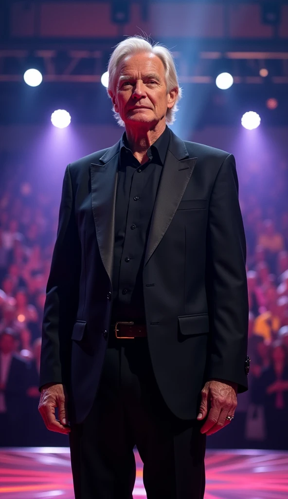 "A low-angle, full-body shot of a 60-year-old man with straight blonde hair, wearing an elegant black outfit, standing confidently on the brightly lit stage of Americas Got Talent. The stage features vibrant, colorful spotlights, a professional setup, and ...