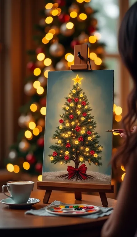  Realistic cinematic frame of a female hand holding a brush while giving life to a painting of a Christmas tree decorated with coconut flowers and red ribbons,  with warm and festive details characteristic of a Paraguayan Christmas .  On the table there is...