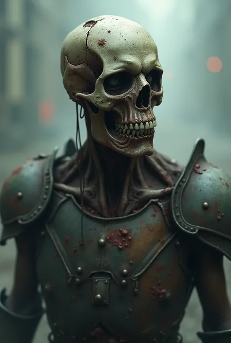 man, zombie, leftover meat on the skull, armor, shoulder portrait