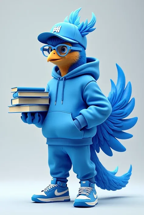 Phoenix bird with hoodie, sneakers and cap that look nice all clothes are blue without logos and that have glasses and books in their hand
