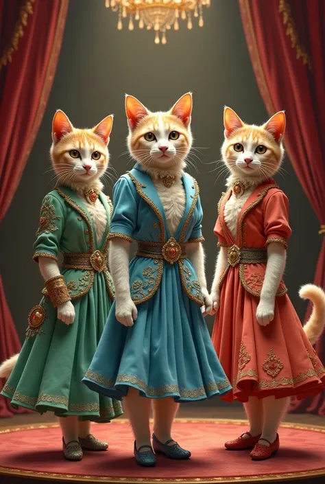 I create a 3 cats image its wears a frocks in a stage show modeling she is created a cat stories 