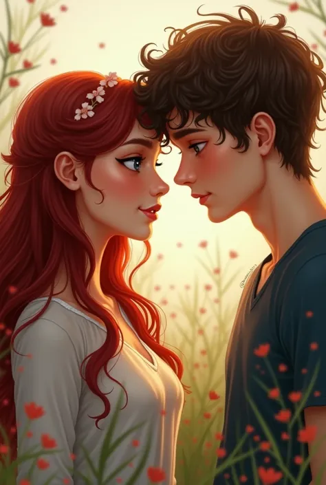 Create me a realistic picture of 2 n who love each other,  The girl has dark red hair and blue eyes and the boy has brown curls and brown eyes 