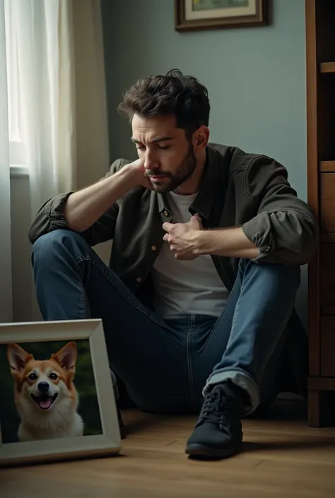 A man sitting on the floor of a quiet room , holding the collar with an expression of deep sadness. next to,  a picture of a dog smiling in a picture frame .  The soft light from the window illuminates the scene ,  bringing an atmosphere of longing and int...