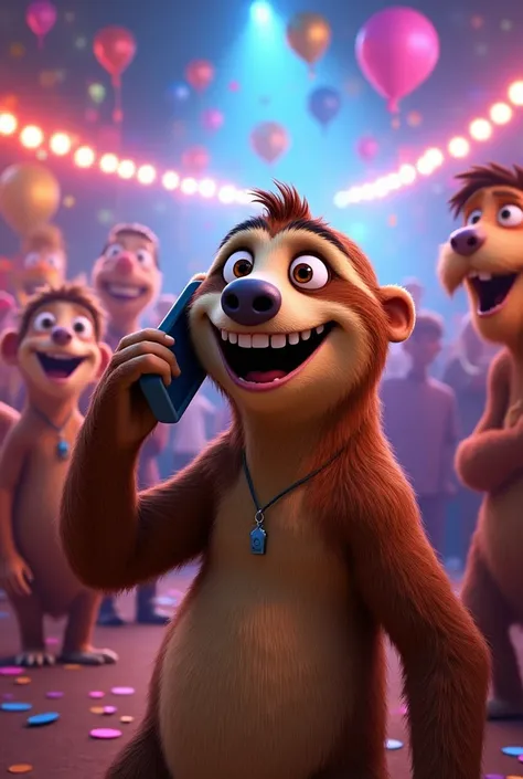 Create an image of Sid from the ice age at a party smiling with a cell phone in her ear 