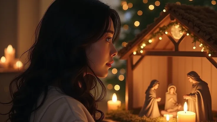 Shoulder-length woman with wavy black hair looking at a Christmas crib