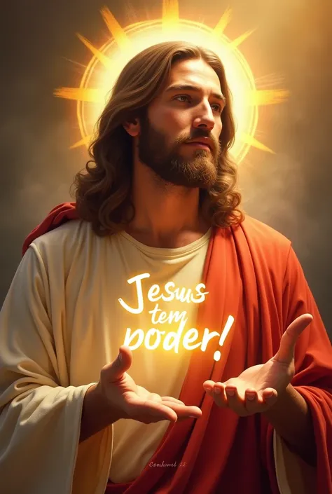 An inspiring image with the phrase "Jesus has power!" highlighted, the sentence in the image must be written in Brazilian Portuguese