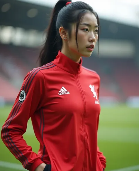 Asian woman is in action in different poses on the most fashionable football field. ,  skin is white, transparent, looking straight at the audience, glazed tiled skin., Glowing skin, beautiful eyes, 38-inch chest size, in a bright red football tracksuit wi...