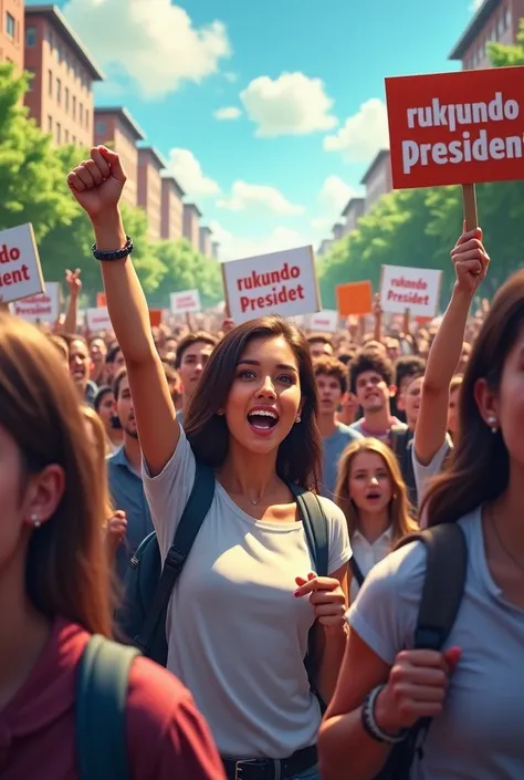 Generate for a very nice picture of real University students not cartoons in a rally holding placards with the word

“ RUKUNDO 4 GUILD PRESIDENT “