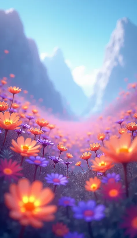 A field of radiant flowers glowing in orange and purple hues, set against a soft blue gradient sky.