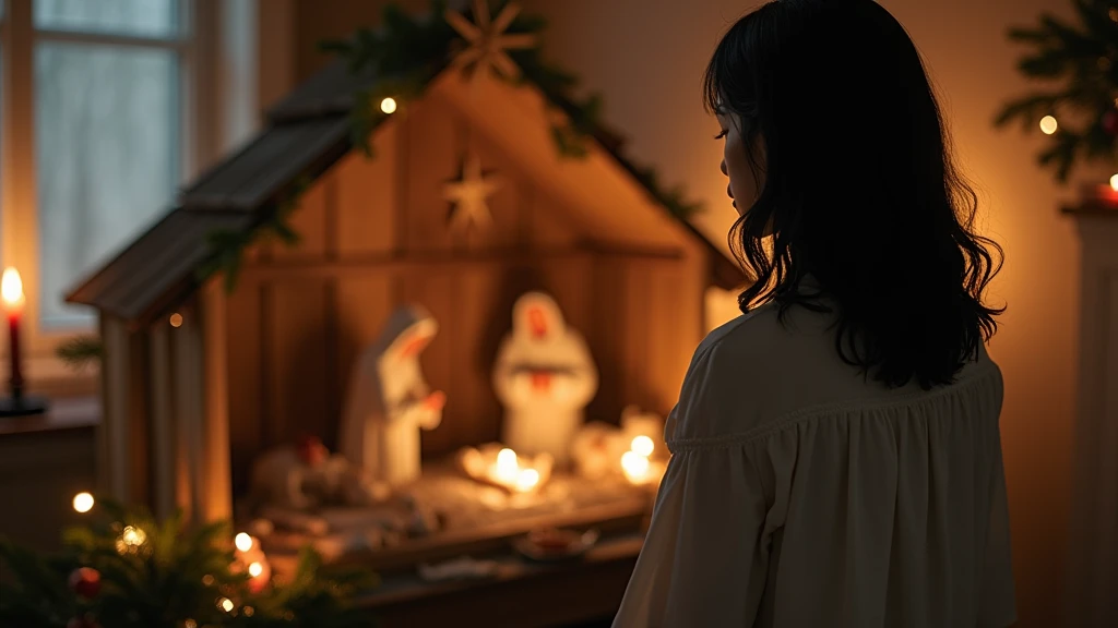 Shoulder-length wavy black-haired woman looking at a Christmas crib, Scene from the back