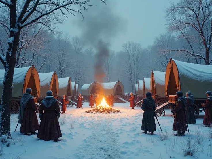 Snow,  snowstorm camp . wagons are standing on the edges . , huddle and bask around the fire in the center.  along the edges of the semicircle of the wagon . people loaded with fabrics , closed commoner carriages with windows, medieval armed guards nearby ...