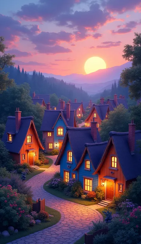 A cozy village with glowing houses in vibrant orange, blue, and purple shades under a twilight sky