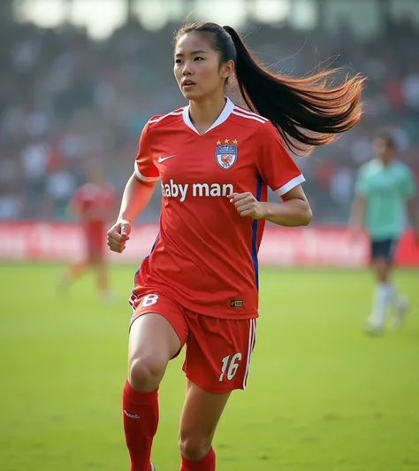 Asian woman is in action in different poses on the most fashionable football field. ,  a sparkling portland skin,  glazed tile skin , Red cheeks, Pink skin,  has a chest size of 38 inches ,  in brightly colored soccer player uniforms with a large graphic p...