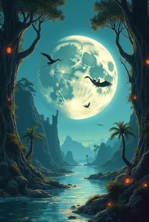 draw ancient artisan futuristic techno civilization living inside the hollow moon, surrounded by rivers, seas, waves and mangrove forests with rich and peculiar bioluminescent biodiversity; gigantic mangrove trees fixed upside down to the ceiling; Large bi...