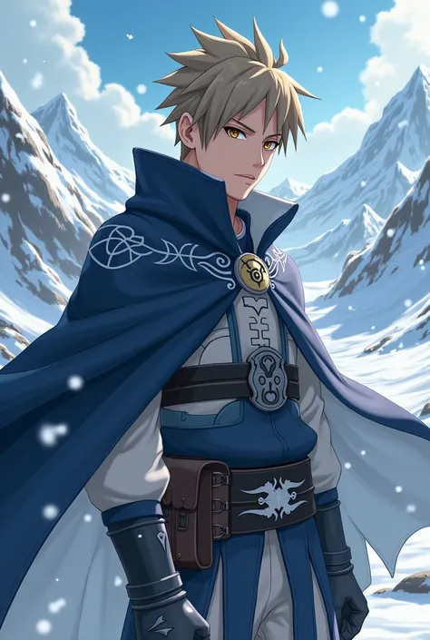 Create a picture of a  ninja from the Hidden Snow Village. He has short light brown hair, shaved on the sides with a small mohawk, and yellowish-brown eyes. He wears a dark blue and white cape with patterns that look like frost, reinforced gloves, and an e...