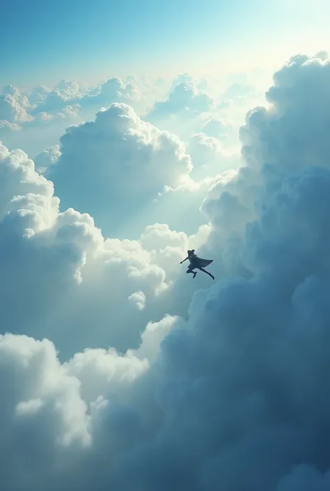 skies with many clouds, Extremely distant image ,  with a man flying at supersonic speed 