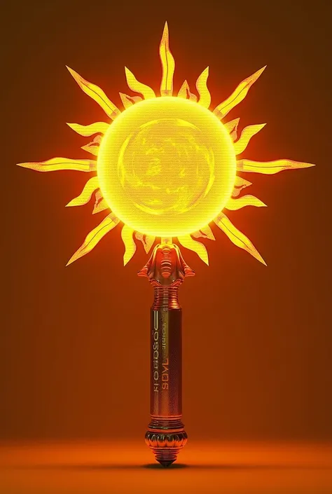 Create an image of a K-pop style lightstick that is based on the sun that has a design that has sunrays that has its respective box that says solars