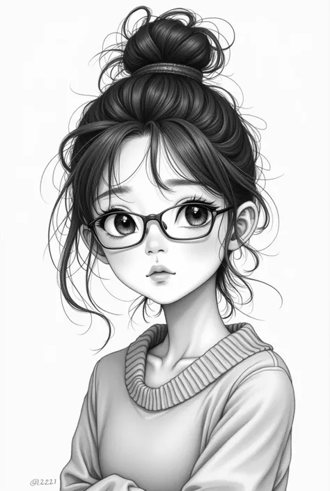  You have an almost realistic black and white drawing of a girl with tied hair with a high curly ponytail,  with slanted eyes type of Koreans with thin lenses , slightly pointed nose with a sweater  