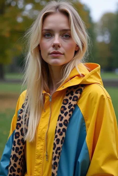 blond woman in  yellow and blue  jacket standing in a park,  in blue and yellow clothes , Olya Bossak,  wears a “Leopard” raincoat , in a yellow hoodie ,  dressed in a cape over her shoulders ,  yellow and blue , girl in a raincoat,  in a luxurious silk ra...