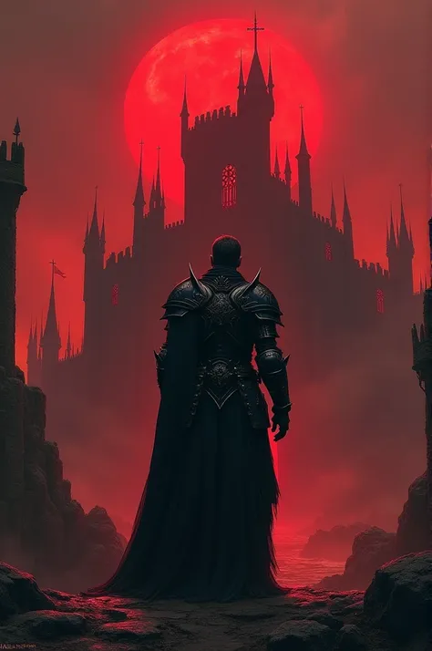 Dark fantasy of a knight in a castle with a red sky
