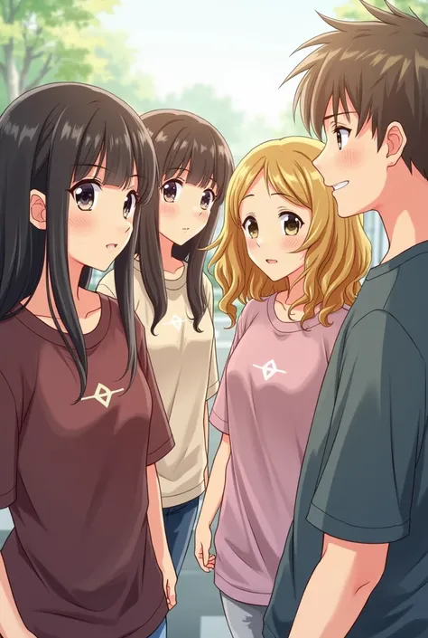 Four teenagers :  girl with dark brown hair , straight and bangs .  Girl with blond and curly hair .  Boy with dark blond and very short hair.  Boy with brown hair and a little long .