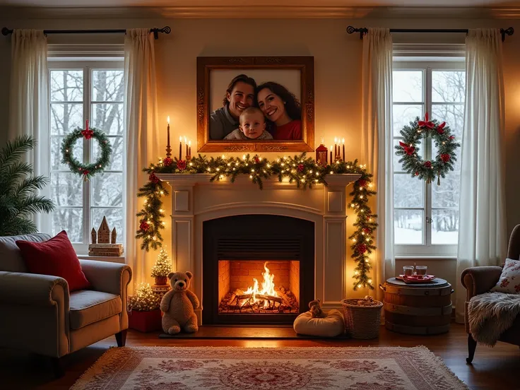 Create a picture frame of a beautiful room with Christmas ornaments and a fireplace with a frame on top for special family photos, side windows with Christmas ornaments on a day when snow falls outside, Very cozy family house , 