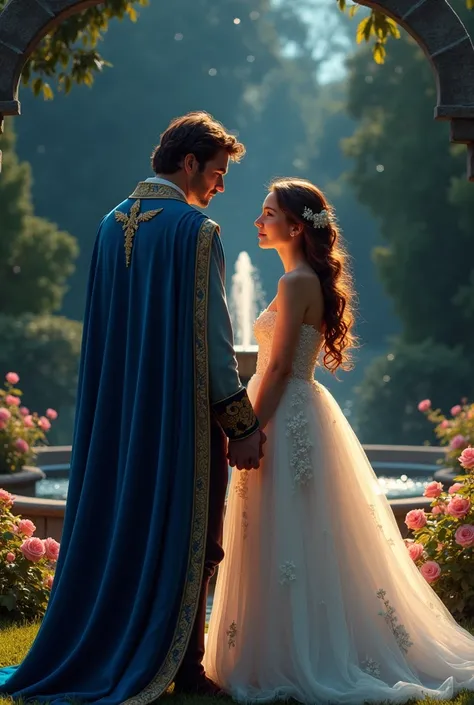 The hero walks into the garden, his royal cape flowing behind him, his eyes searching until they rest on the heroine, standing by a fountain. She looks ethereal in a soft, flowing gown, the moonlight reflecting off her hair.He steps closer, his voice deep ...