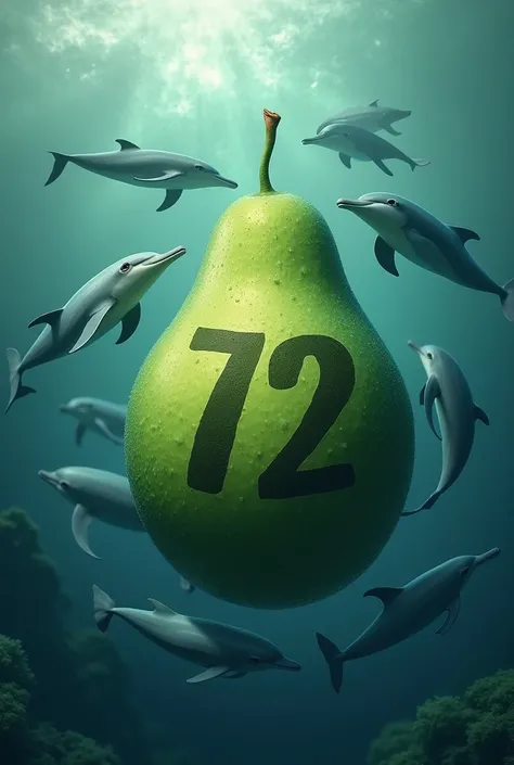 An avocado and dolphins with the number 72