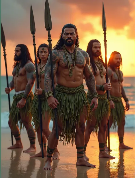 A tribe of tattooed warriors with a palm leaf outfit for their lower body visible muscles armed with a spear on the beach behind them the ocean and a sunset seen from the front