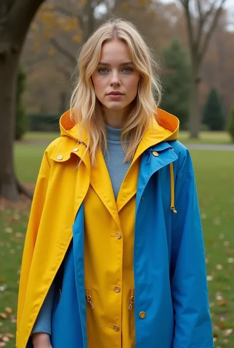 blond woman in  yellow and blue  jacket standing in a park, portrait, inspired by Neil Gleyen , shutterstock, style,  in blue and yellow clothes , Olya Bossak,  wears a “Leopard” raincoat , in a yellow hoodie ,  dressed in a cape over her shoulders ,  yell...