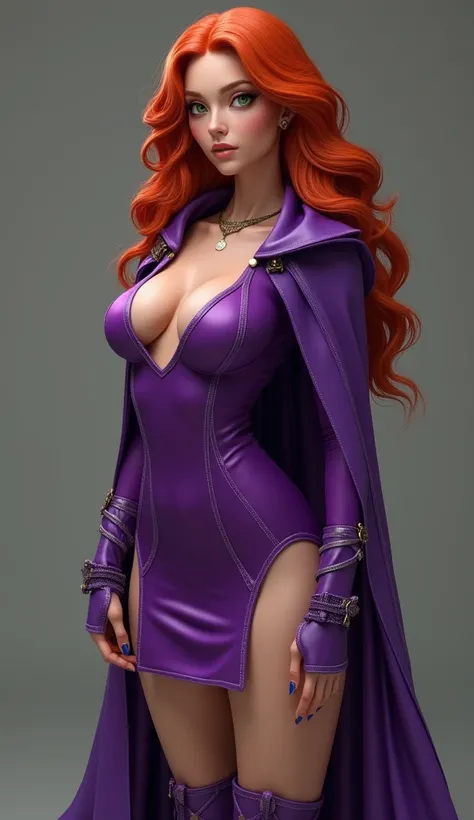 A hyper-realistic interpretation of a woman inspired by Sheila from "Caverna do Dragão," imagined with lifelike features and wearing her classic purple attire. She has radiant, cascading red hair that frames her face and piercing green eyes that convey a m...