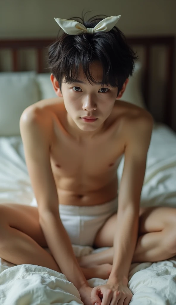 18yo. Hot eastasia boy in sexy underwear laying in bed, White skin,มองที่ผู้ชม, Lie Lie down with your legs spread open., Thin and small , Torn underwear, โบว์ติดผม, Big eyes, Exciting, Grab the butt