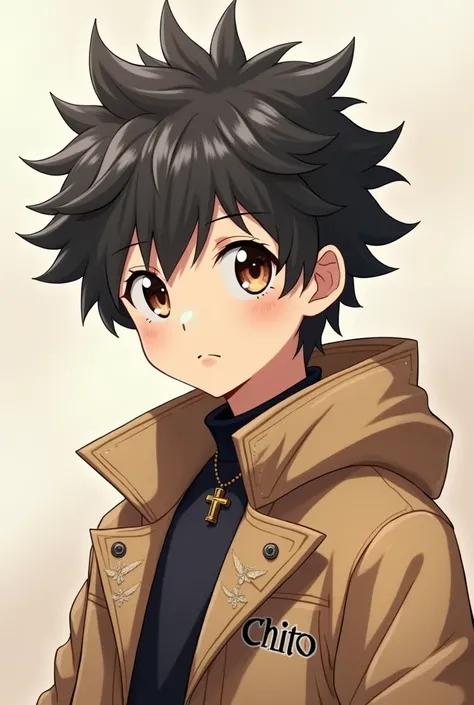 Create an anime-style image of a boy wearing the coat with the name "Chito"