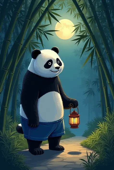 8. Scene: The Whispering Wind
"A lone bamboo grove swaying gently under the moonlight. The large fluffy panda stands silently, holding the lantern close, as a whispering wind rustles the leaves. The panda is wearing a big black and white shirt and blue sho...