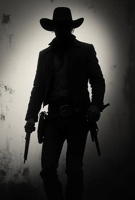 The shadow of a cowboy on the wall. The cowboy is wearing a hat and a bandana, but only his shadow is visible on the wall."