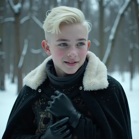  Scorpius Malfoy

A pale and elegant teenager ,  with perfectly groomed platinum blonde hair ,  that shines under the winter sunlight .  He wears a black velvet cape lined with white leather and black leather gloves, contrasting with the snow .  His gray e...