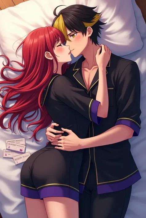 anime girlfriend bnha ,  young woman with long intense red hair , loose,  
Eyes color green
very attractive , pretty, beautiful,  divine 
dressed in black pajamas with purple and gold details lying on a bed hugging a 
 young man with half black and yellow ...