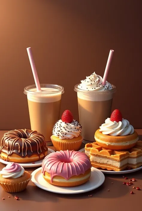  iced coffee feast , ice cream cup , waffles,  donuts dipped in sauce ,  pieces of cake and coffee ,  with gredee background in brown tones