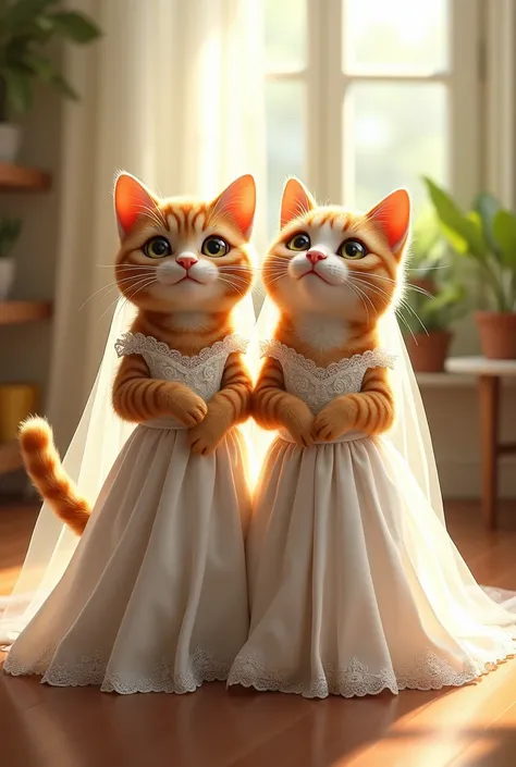 Two cats wearing a wedding dress