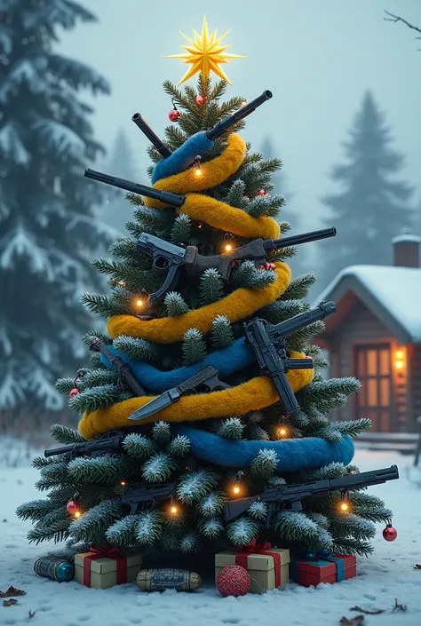 Christmas tree with weapons and yellow blue scarfs