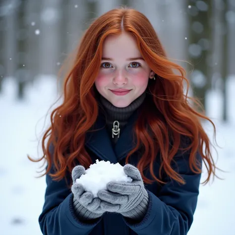  Lily Luna Potter

A vibrant teenager with dark red hair that falls in soft waves on her shoulders, standing out against the white snow .  She wears a navy blue coat and gray gloves with embroidered runes .  Her brown eyes sparkle with enthusiasm as she co...