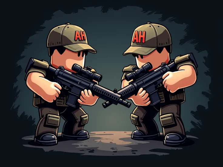 create a logo in which 2 roblox players are holding snipers and both of theirs caps have written AH on them