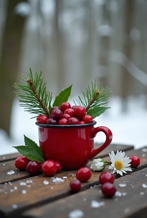 there is a red colour cup on a wooden table the table is under a tree shelter.red cup is full of this things ,pine fruits,cherries with leaves , other wild fruits in northern side jungle and white flowers. can see in background snow falled