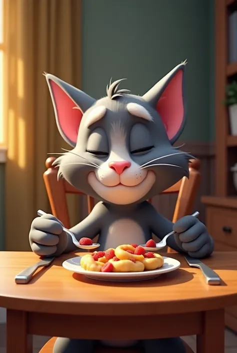 Create me an image of talking Tom sitting at a table and eating and he is the most sleepy thing, very funny.