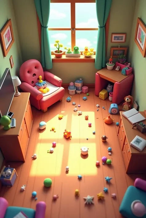 

"I want to create a game map in a cartoon room animated 3D model style, with scattered toys on the floor in a messy room. The furniture in the room should be large, and the room should be viewed from a top-down perspective."

